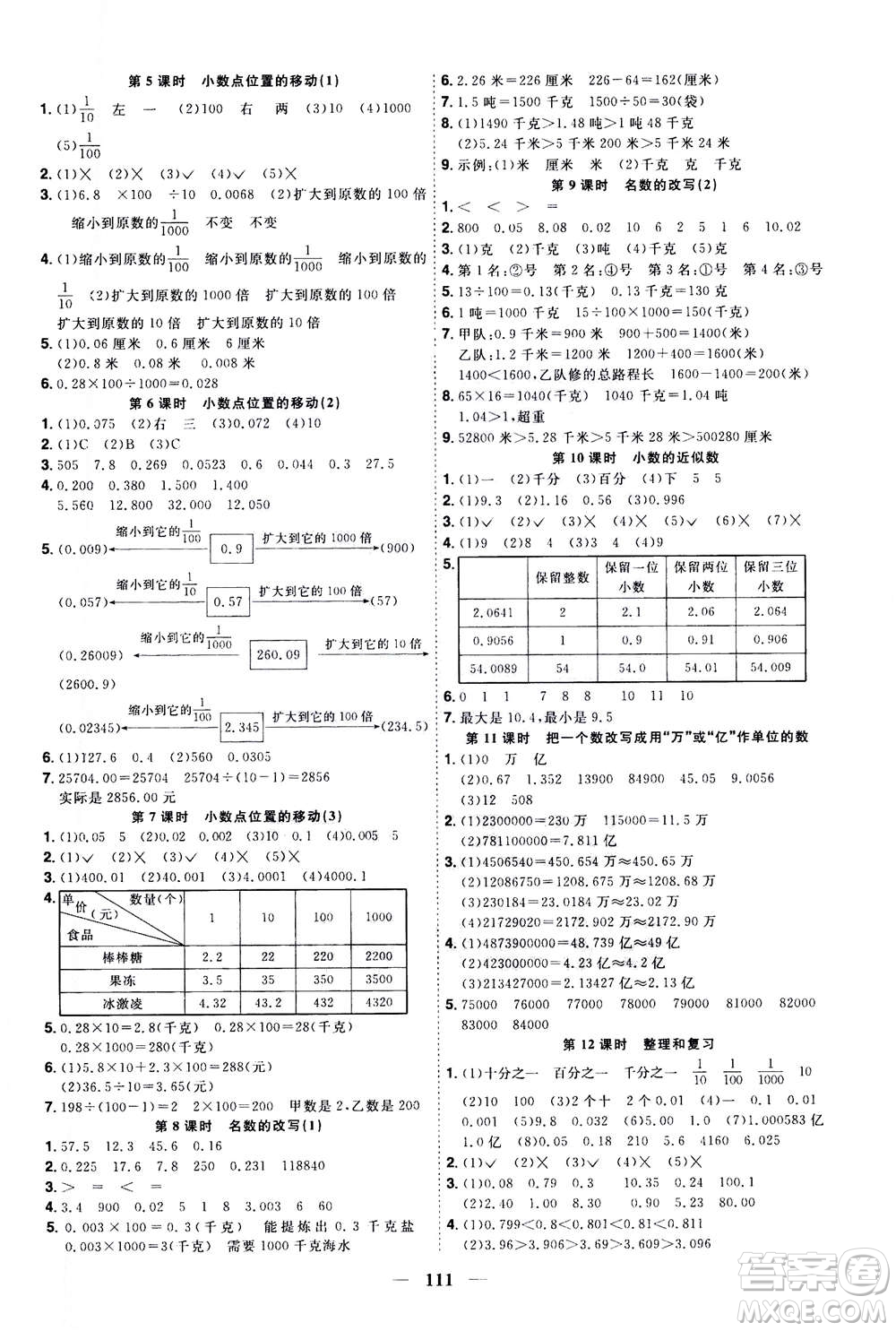 2020年陽光同學(xué)課時(shí)優(yōu)化作業(yè)數(shù)學(xué)四年級上冊QD青島版五四制答案