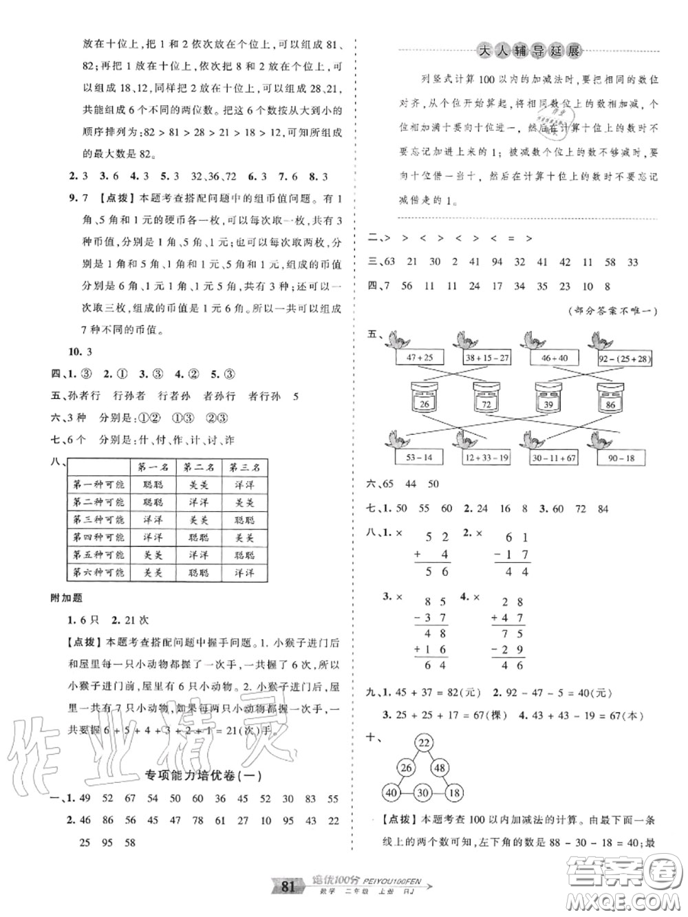 2020年秋王朝霞培優(yōu)100分二年級數(shù)學(xué)上冊人教版參考答案