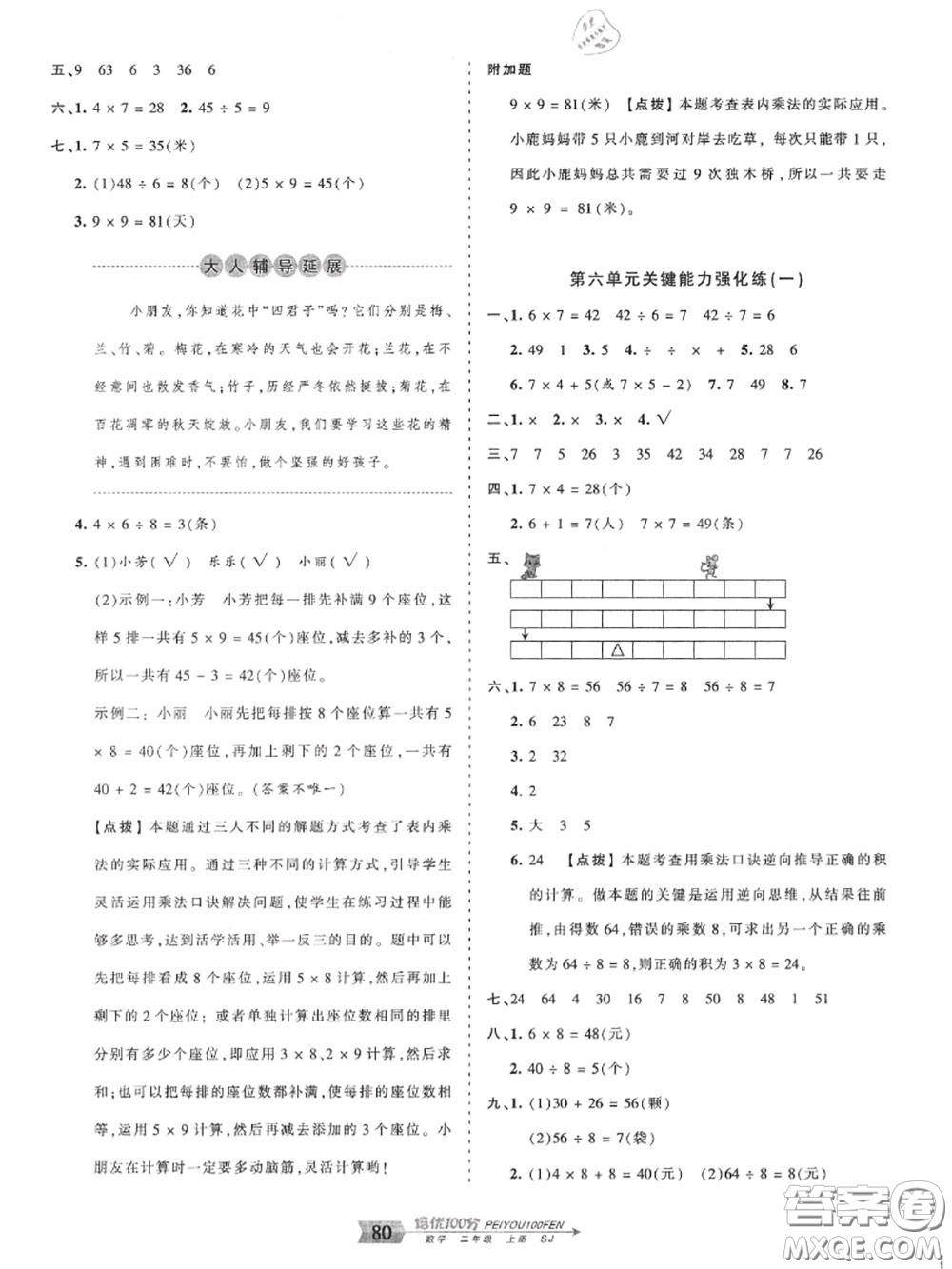2020年秋王朝霞培優(yōu)100分二年級(jí)數(shù)學(xué)上冊(cè)蘇教版參考答案