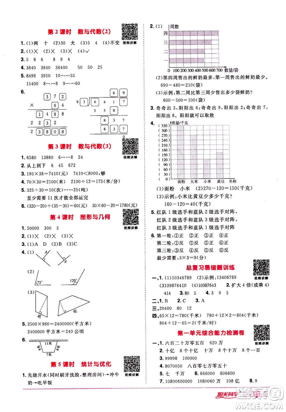 2020年陽光同學(xué)課時(shí)達(dá)標(biāo)訓(xùn)練數(shù)學(xué)四年級(jí)上冊(cè)R人教版浙江專版答案