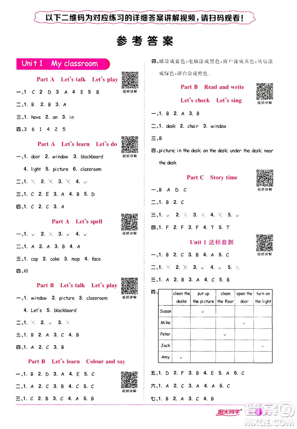 2020年陽光同學(xué)課時(shí)達(dá)標(biāo)訓(xùn)練英語四年級上冊PEP人教版浙江專版答案