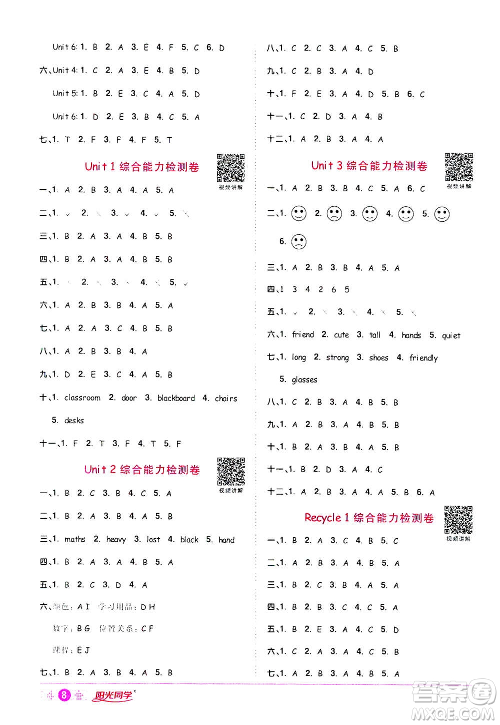 2020年陽光同學(xué)課時(shí)達(dá)標(biāo)訓(xùn)練英語四年級上冊PEP人教版浙江專版答案