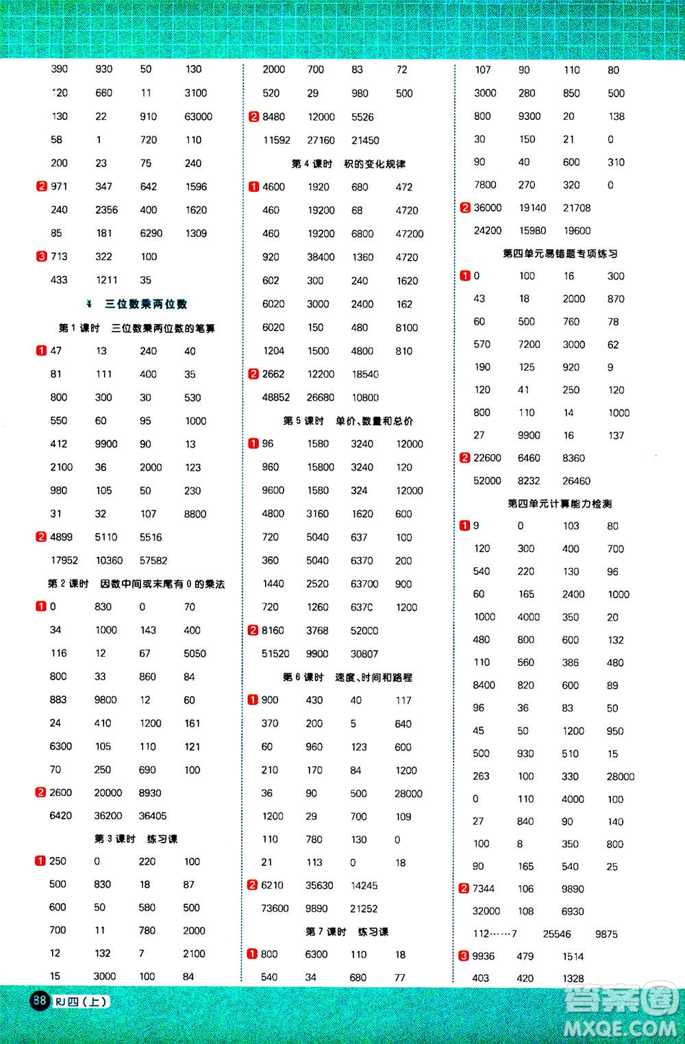 2020年陽光同學(xué)計(jì)算小達(dá)人數(shù)學(xué)四年級上冊RJ人教版廣東專版參考答案