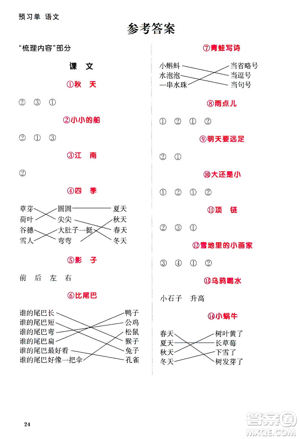2020年陽光同學課時達標訓練語文一年級上冊部編人教版浙江專版答案