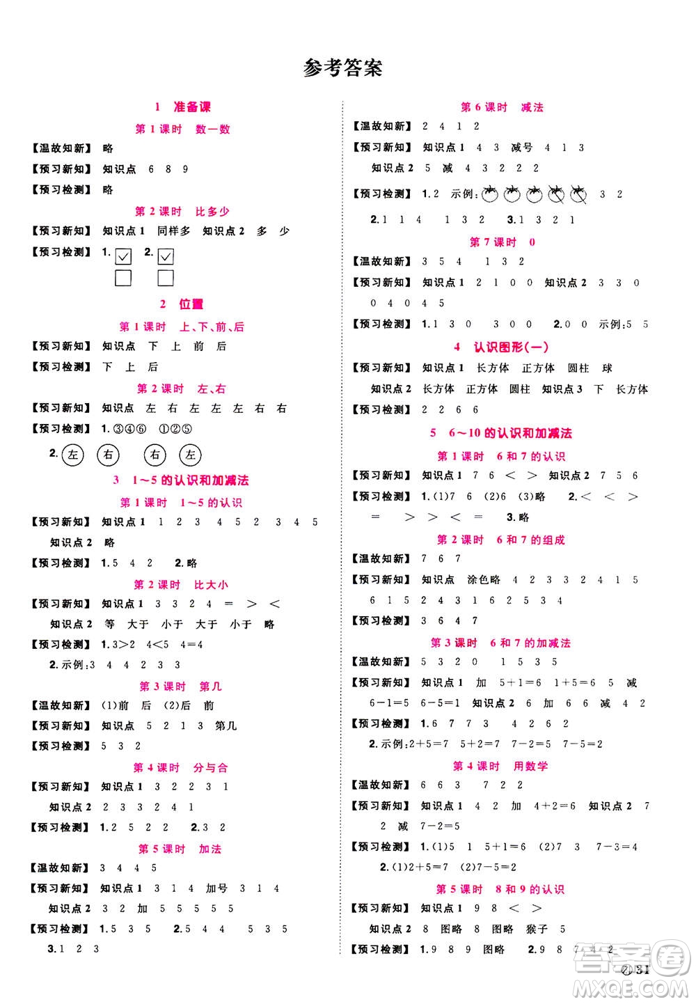 2020年陽光同學(xué)課時達(dá)標(biāo)訓(xùn)練數(shù)學(xué)一年級上冊R人教版浙江專版答案