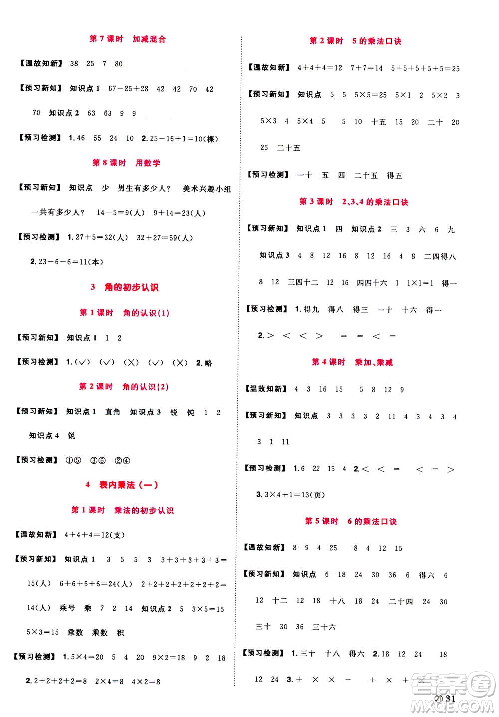 2020年陽光同學(xué)課時達標(biāo)訓(xùn)練數(shù)學(xué)二年級上冊R人教版浙江專版答案