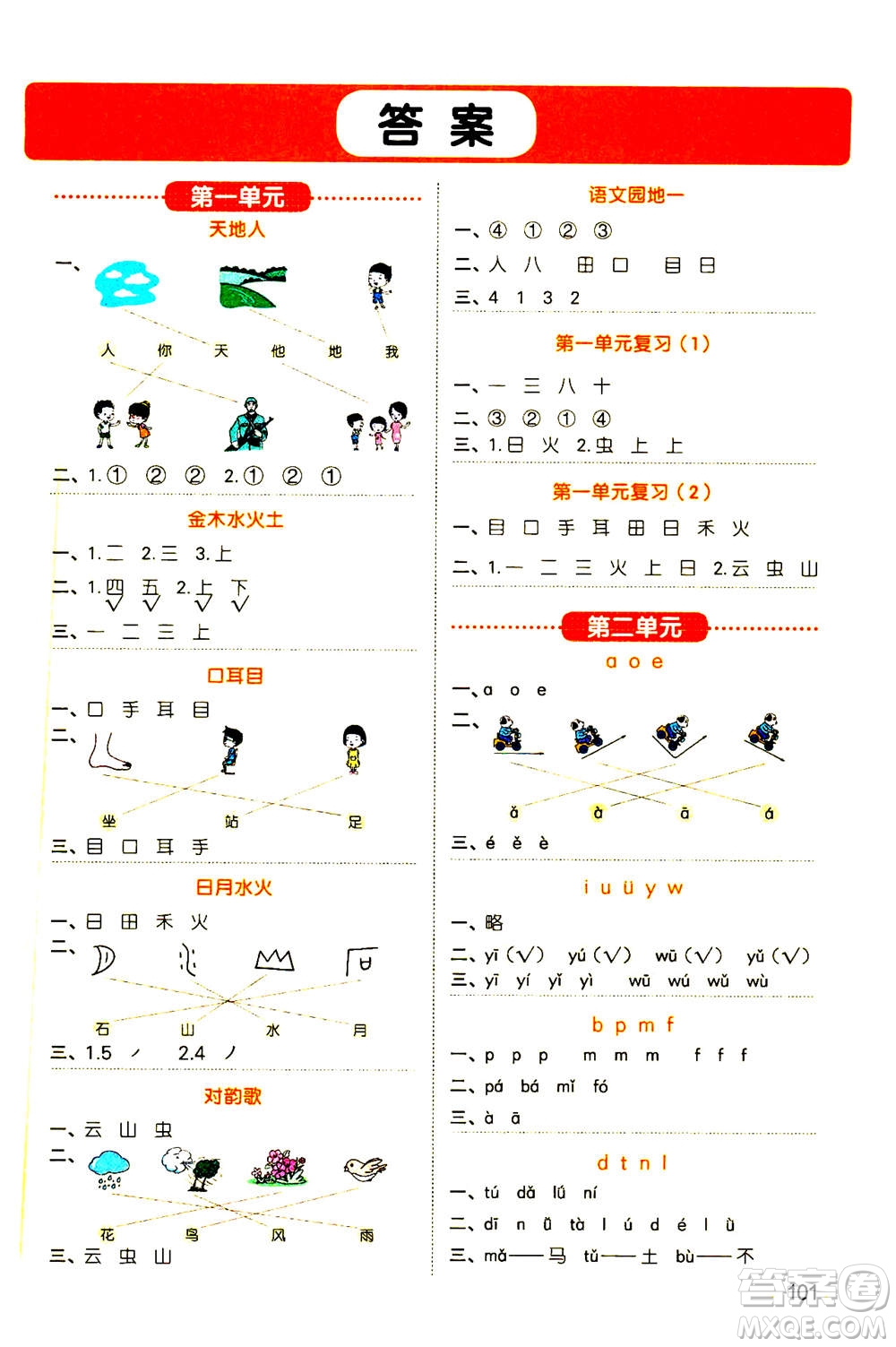 江西教育出版社2020年陽(yáng)光同學(xué)默寫(xiě)小達(dá)人語(yǔ)文一年級(jí)上冊(cè)人教版答案