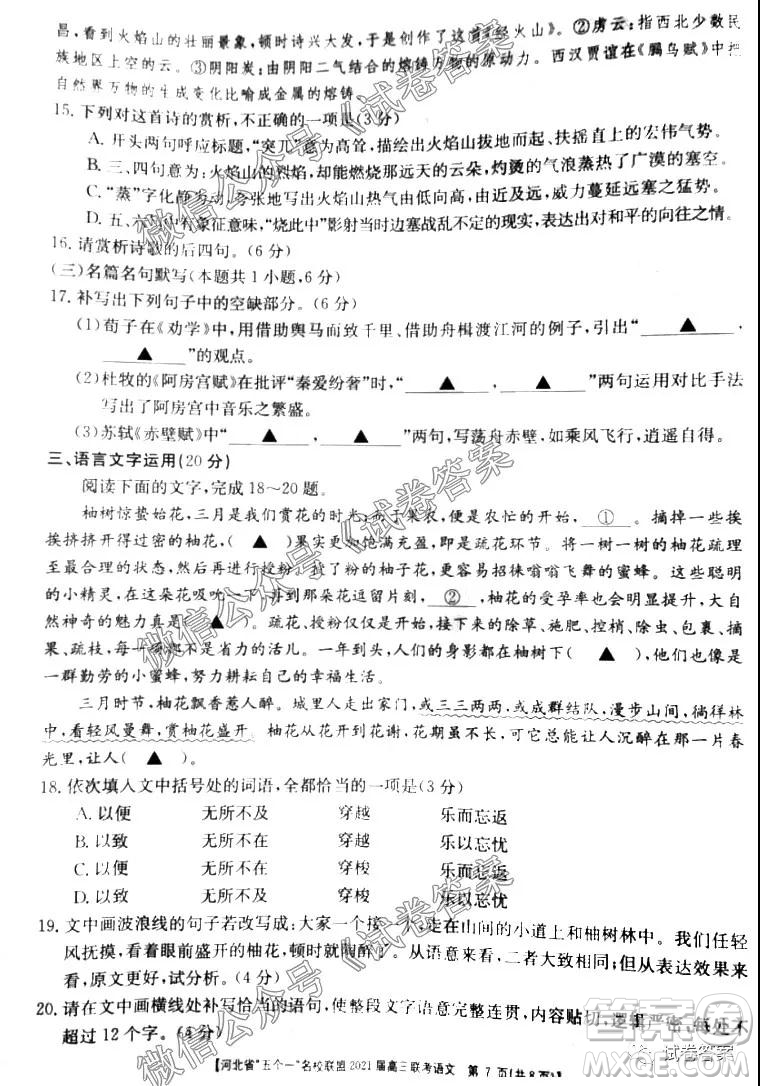 河北省五個(gè)一名校聯(lián)盟2021屆高三聯(lián)考語(yǔ)文試題及答案