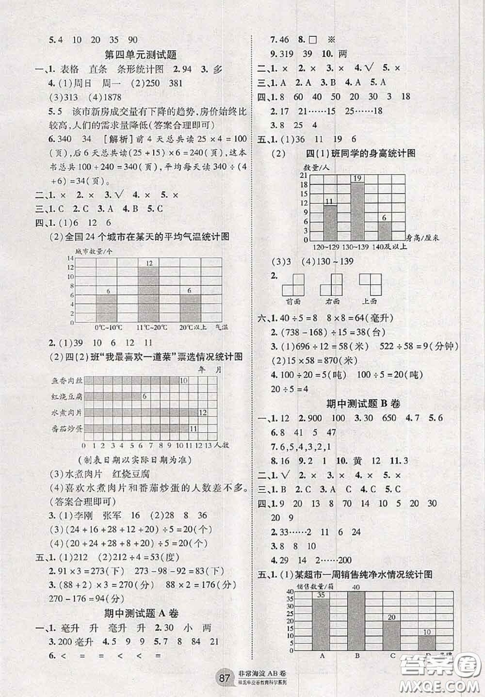 2020秋非常海淀單元測試AB卷四年級數(shù)學上冊蘇教版答案