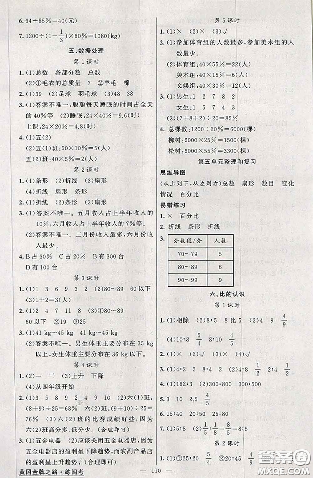 黃岡金牌之路2020秋練闖考六年級數學上冊北師版參考答案
