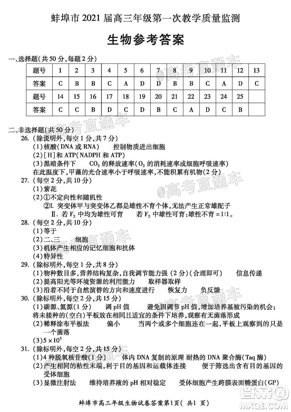 蚌埠市2021屆高三年級第一次教學質(zhì)量監(jiān)測生物試題及答案