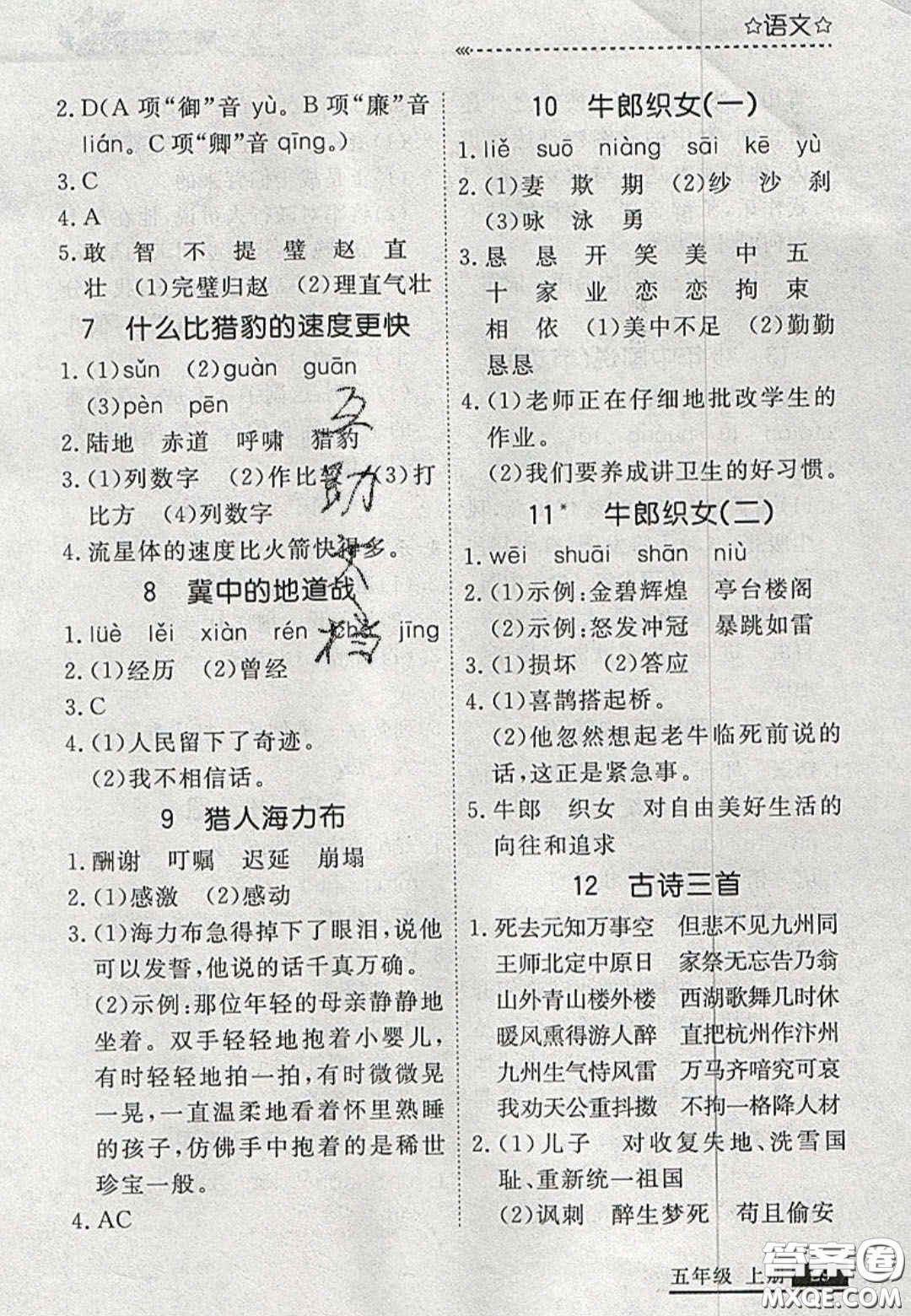 2020年學習之星培優(yōu)計劃五年級語文上冊人教版答案