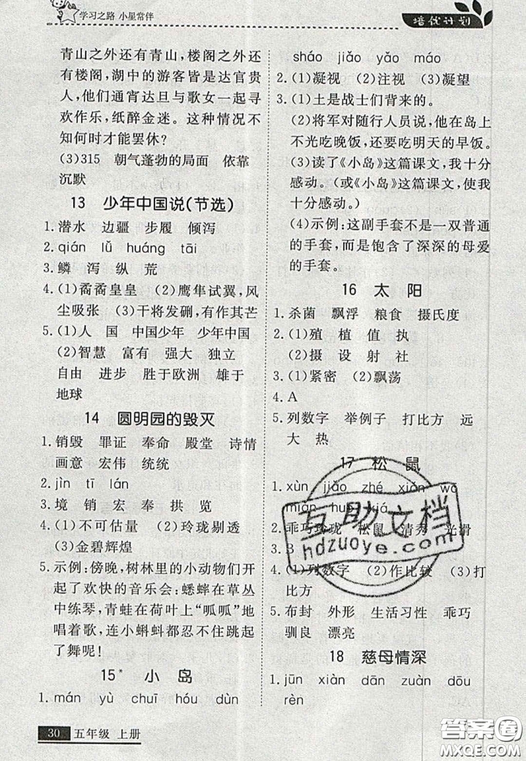 2020年學習之星培優(yōu)計劃五年級語文上冊人教版答案