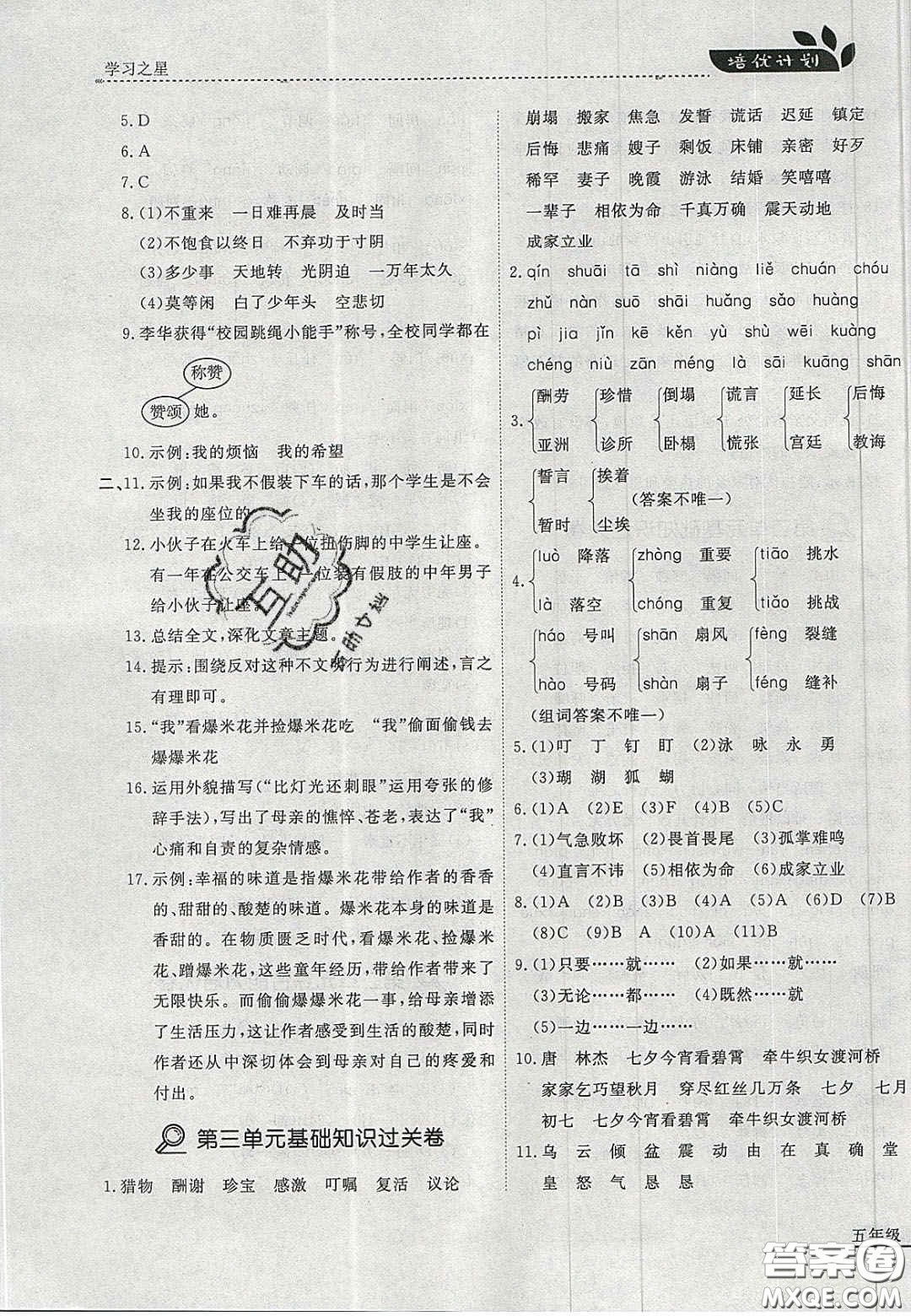 2020年學習之星培優(yōu)計劃五年級語文上冊人教版答案