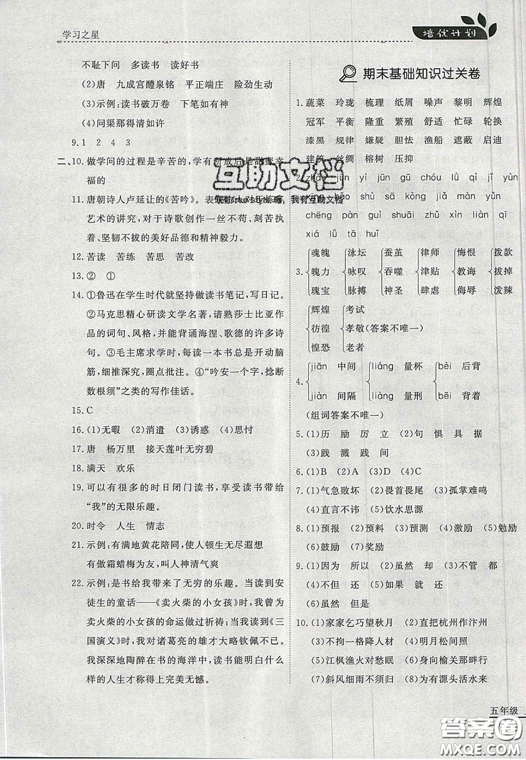 2020年學習之星培優(yōu)計劃五年級語文上冊人教版答案