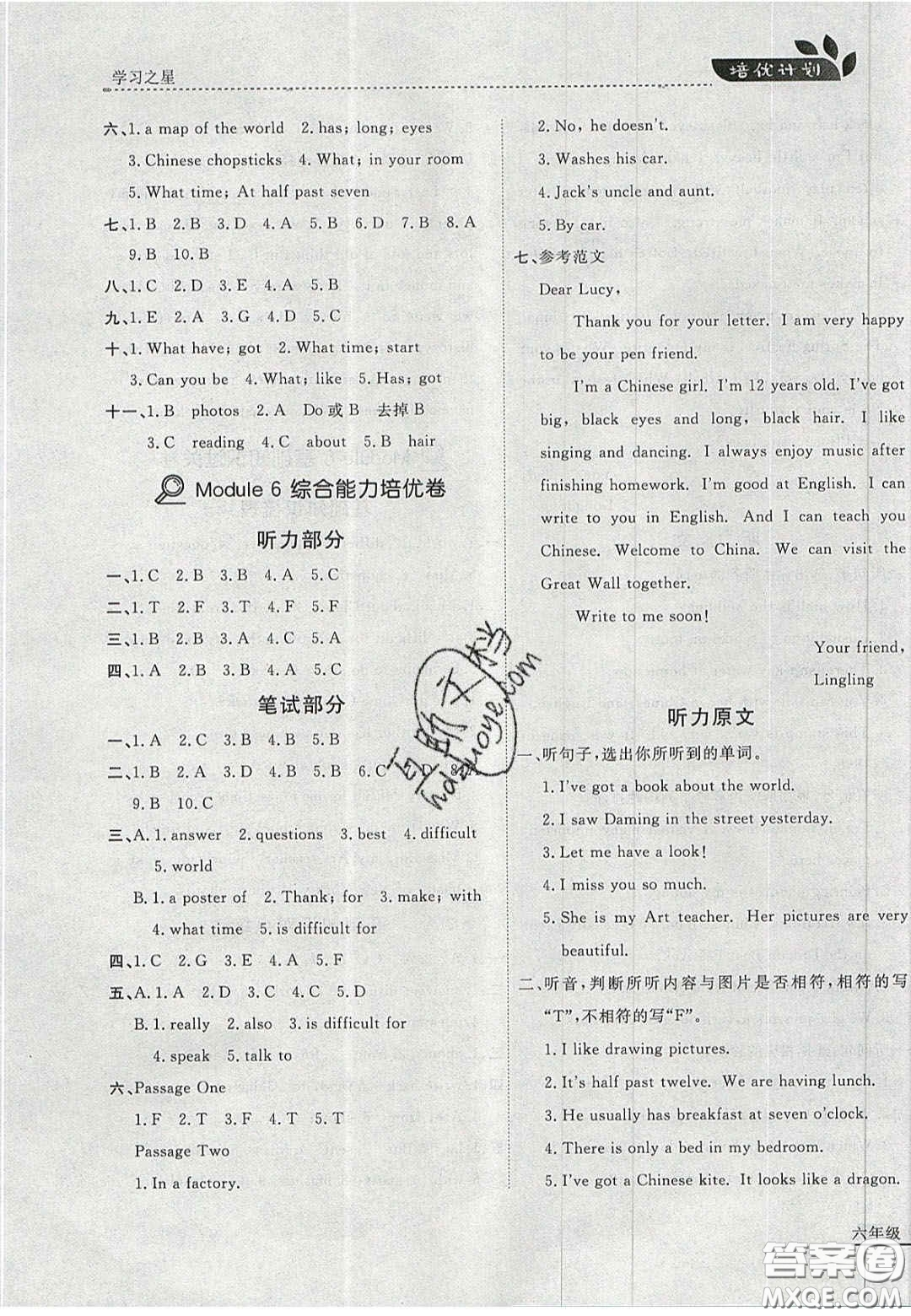 2020年學(xué)習(xí)之星培優(yōu)計劃六年級英語上冊外研版答案