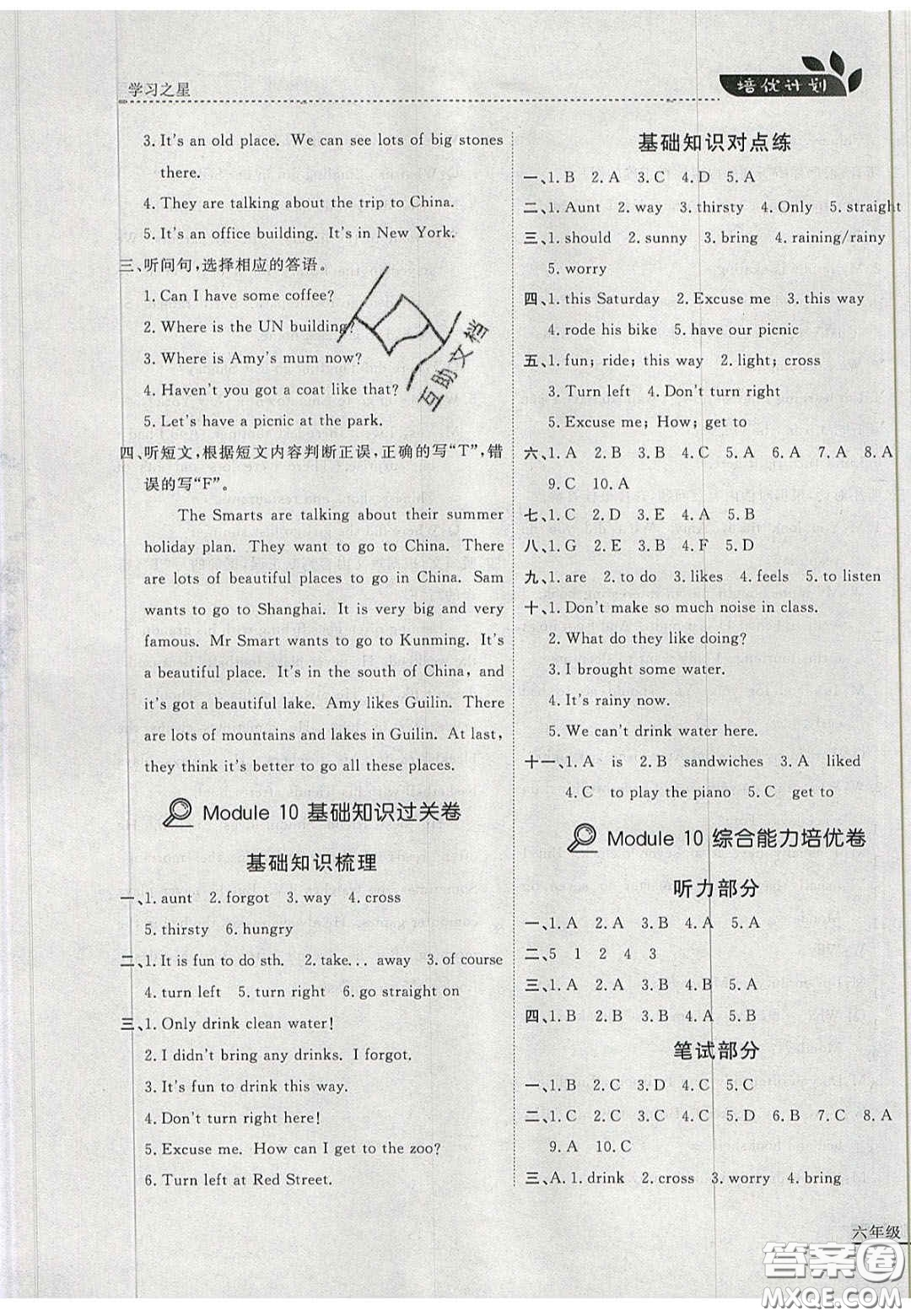2020年學(xué)習(xí)之星培優(yōu)計劃六年級英語上冊外研版答案