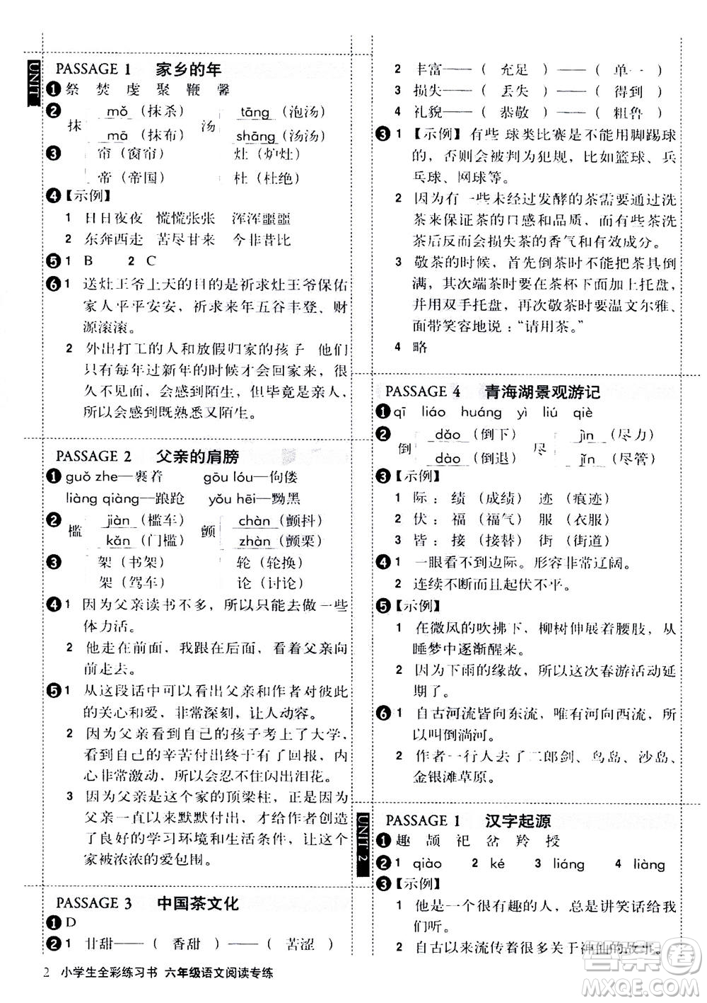 2020年小學生全彩練習本語文閱讀專練六年級通用版答案