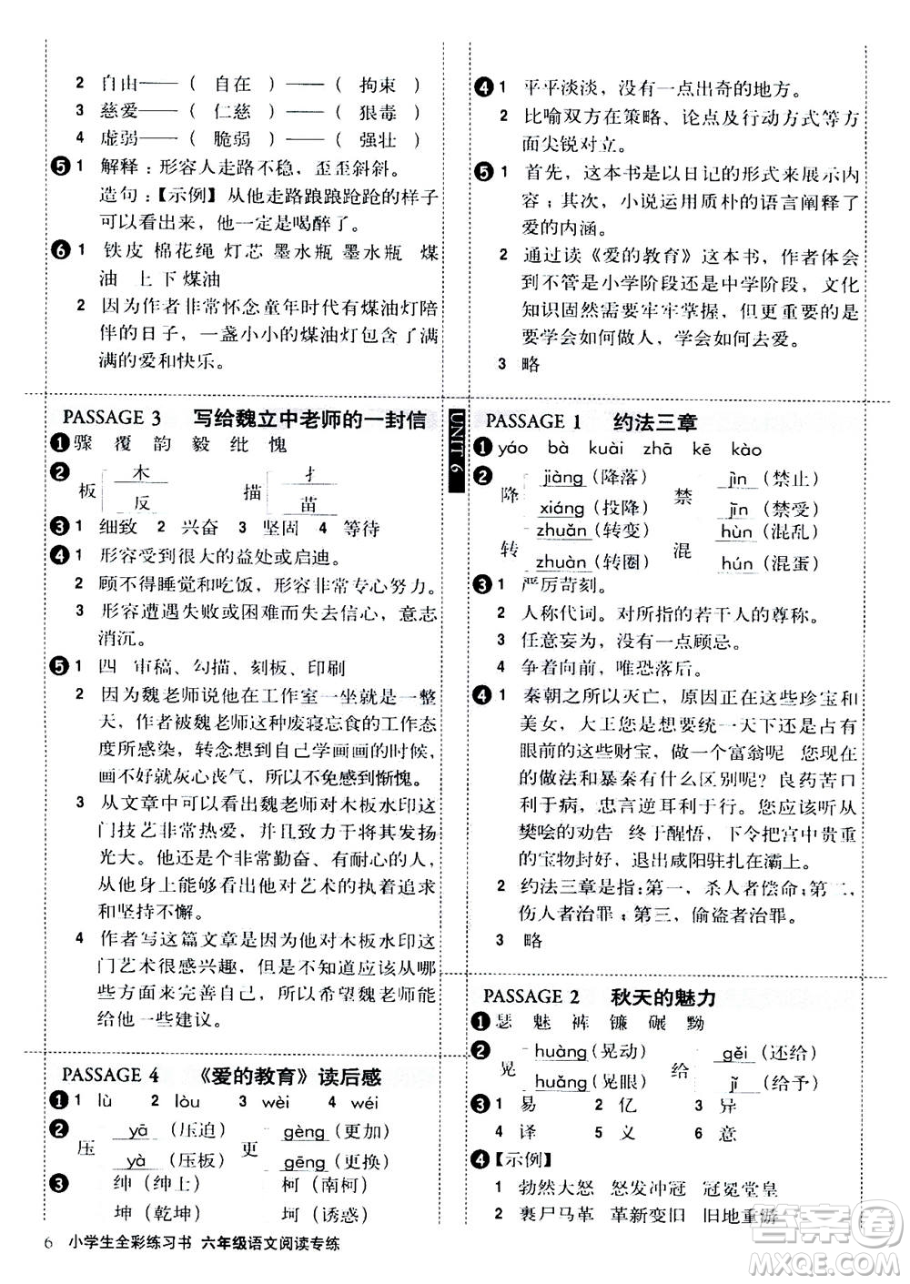 2020年小學生全彩練習本語文閱讀專練六年級通用版答案