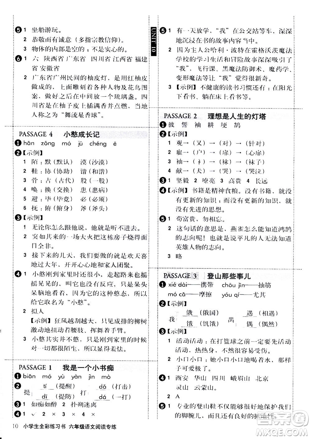 2020年小學生全彩練習本語文閱讀專練六年級通用版答案
