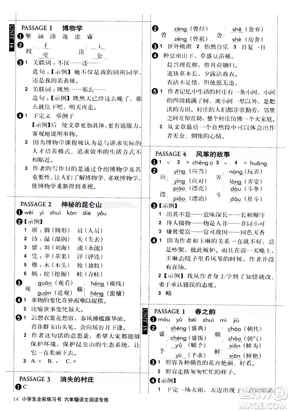 2020年小學生全彩練習本語文閱讀專練六年級通用版答案