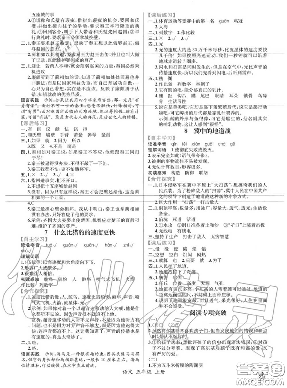2020年秋同步導(dǎo)學(xué)案課時練五年級語文上冊人教版答案