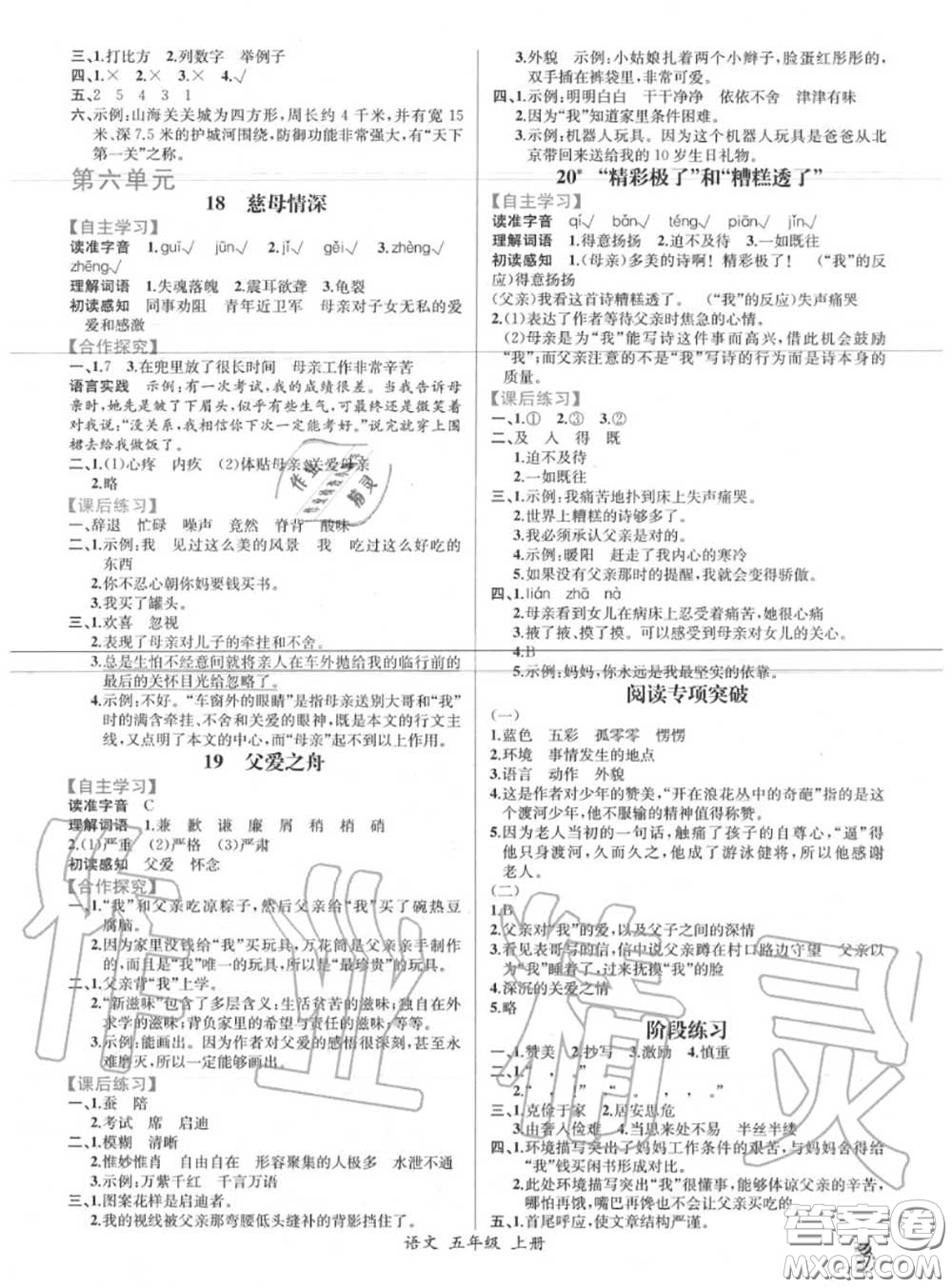 2020年秋同步導(dǎo)學(xué)案課時練五年級語文上冊人教版答案