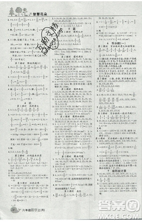 天津科學技術出版社2020年智慧花朵數學六年級上冊R人教版答案