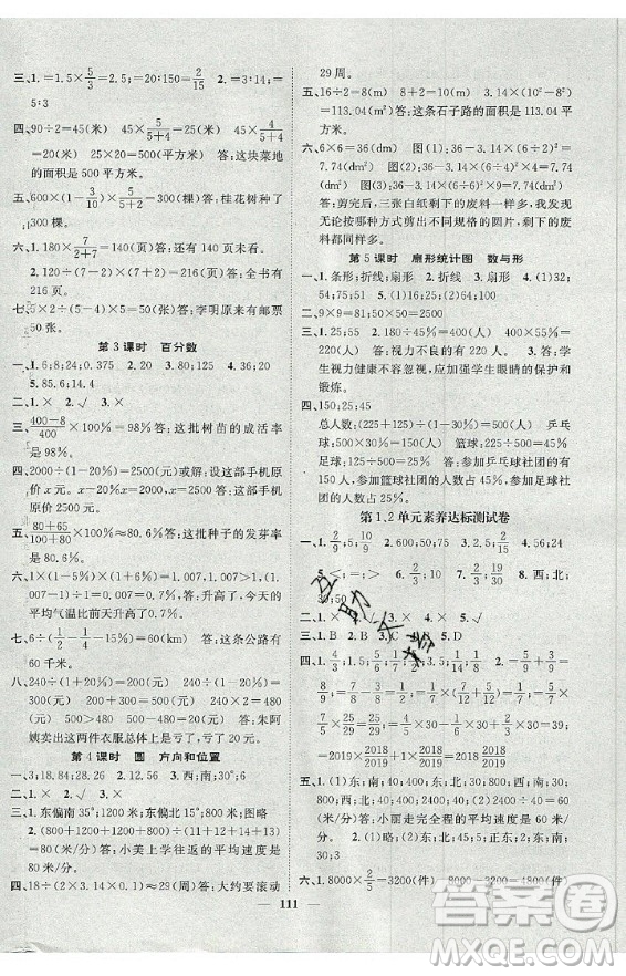 天津科學技術出版社2020年智慧花朵數學六年級上冊R人教版答案