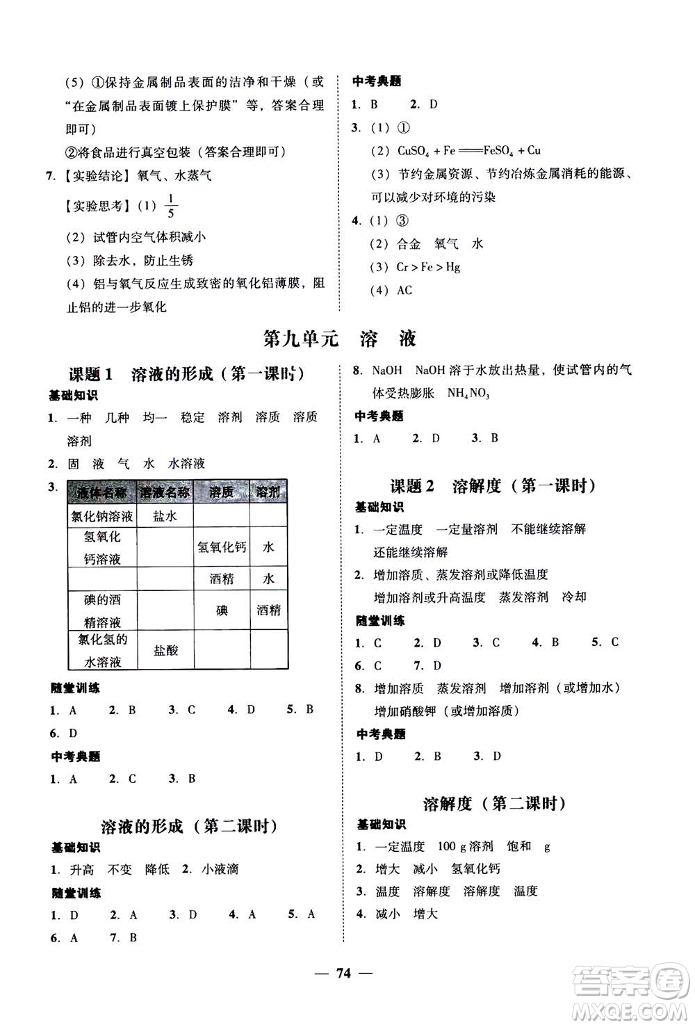 2019年南粵學典學考精練九年級化學全一冊人教版參考答案