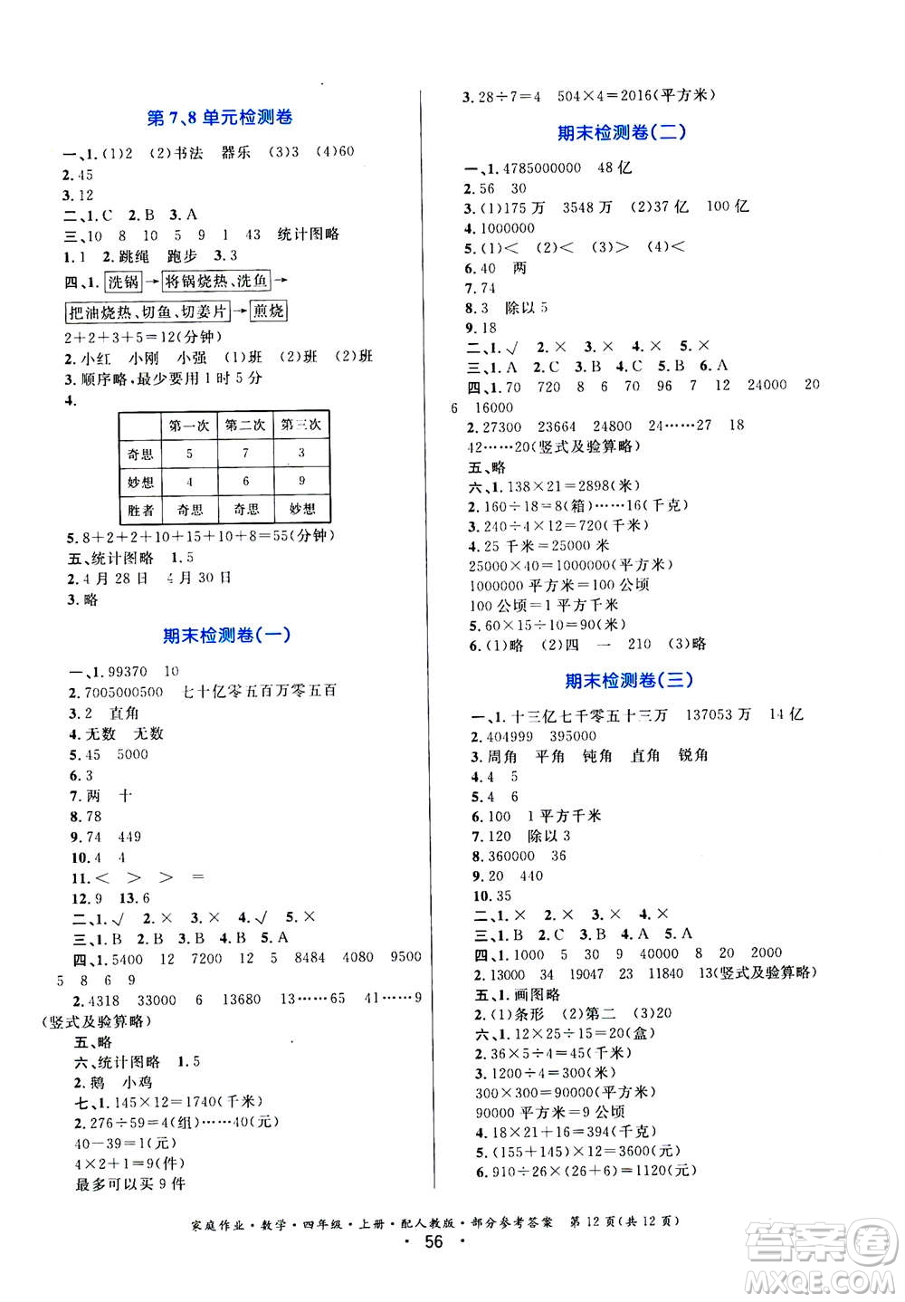 貴州教育出版社2019年家庭作業(yè)四年級上冊數學人教版答案