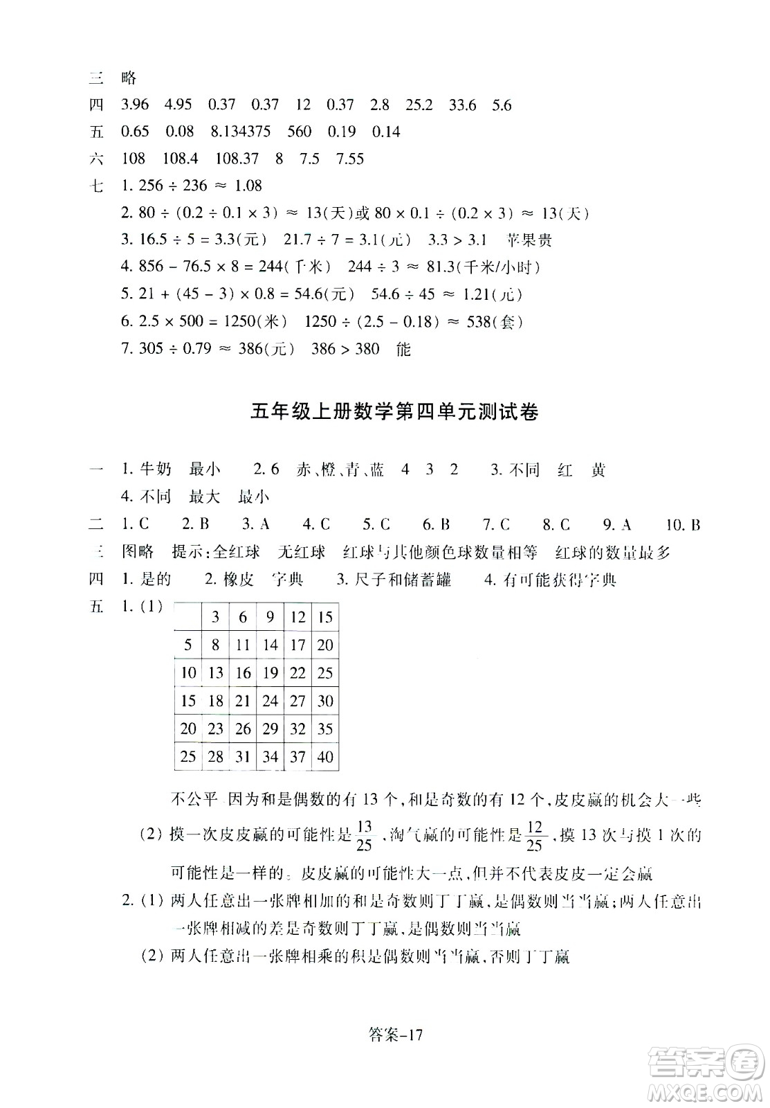 浙江少年兒童出版社2020年每課一練小學數(shù)學五年級上冊R人教版答案