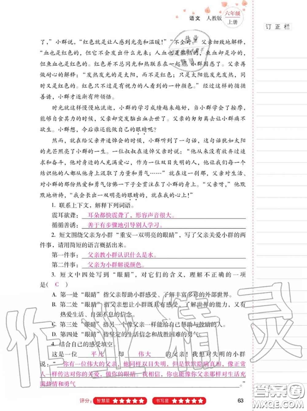 2020年秋同步指導(dǎo)訓(xùn)練與檢測六年級語文上冊人教版參考答案