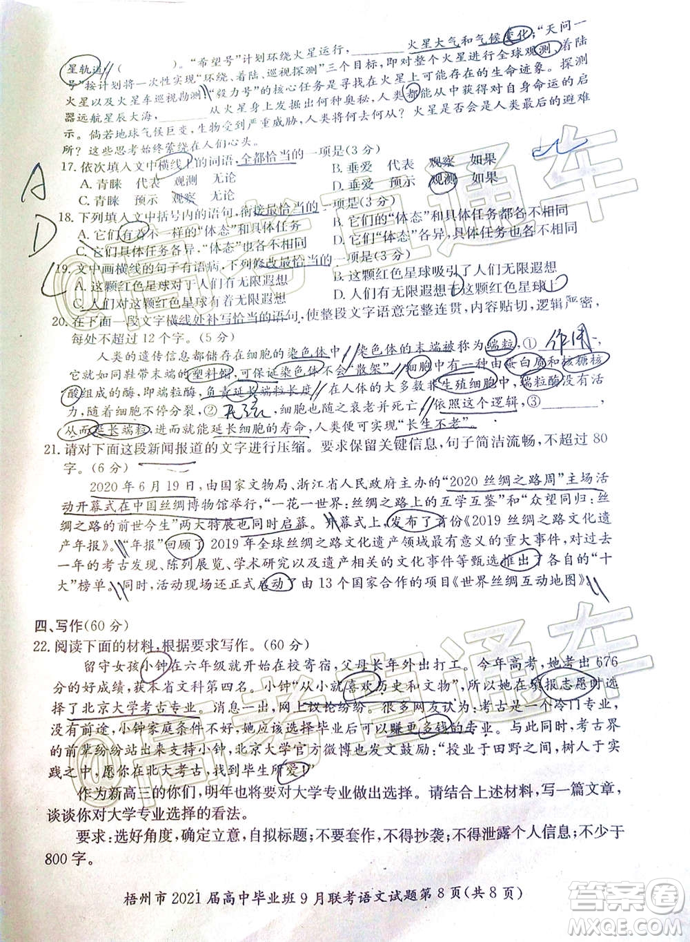 梧州市2021屆高中畢業(yè)班9月聯(lián)考語文試卷及答案