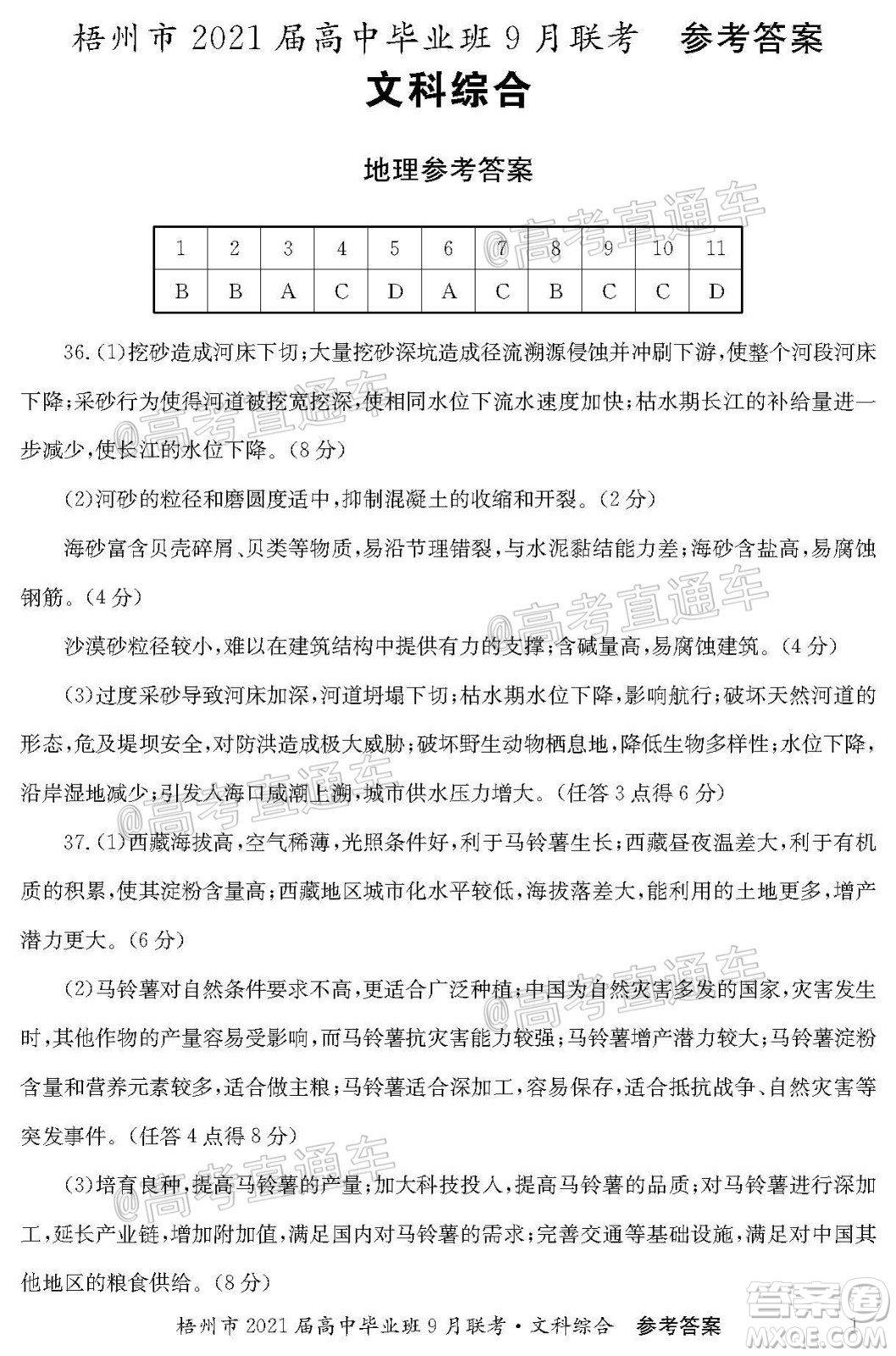 梧州市2021屆高中畢業(yè)班9月聯(lián)考文科綜合答案