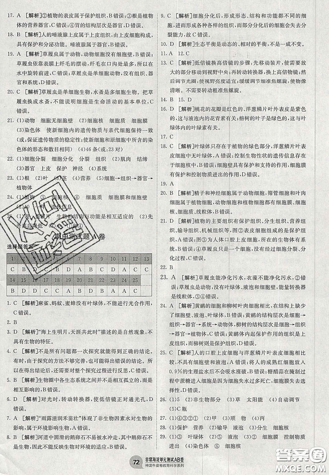 神農(nóng)牛皮卷2020秋非常海淀單元測(cè)試AB卷七年級(jí)生物上冊(cè)人教版答案