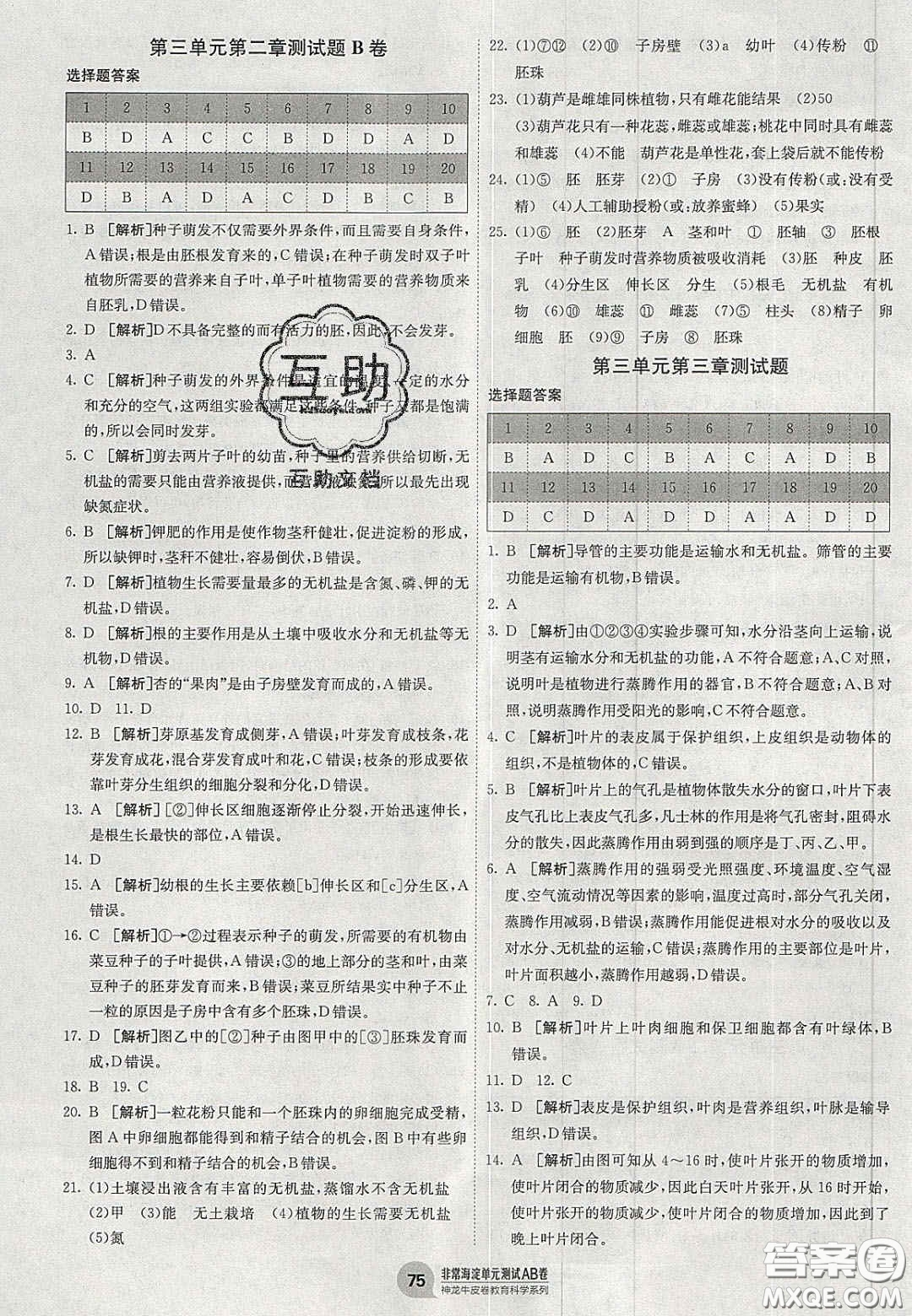 神農(nóng)牛皮卷2020秋非常海淀單元測(cè)試AB卷七年級(jí)生物上冊(cè)人教版答案