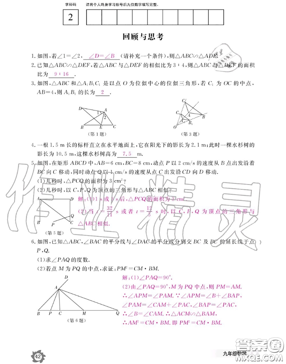 江西教育出版社2020年數(shù)學(xué)作業(yè)本九年級全一冊北師版答案