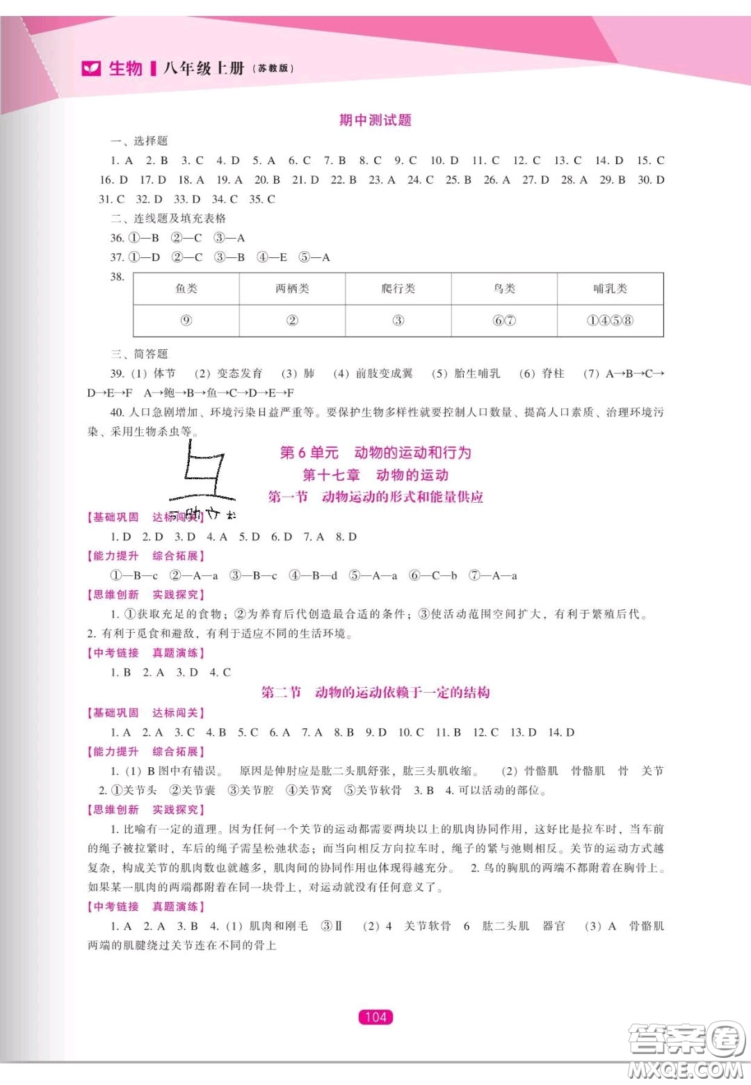 遼海出版社2020新課程能力培養(yǎng)八年級生物上冊蘇教版答案