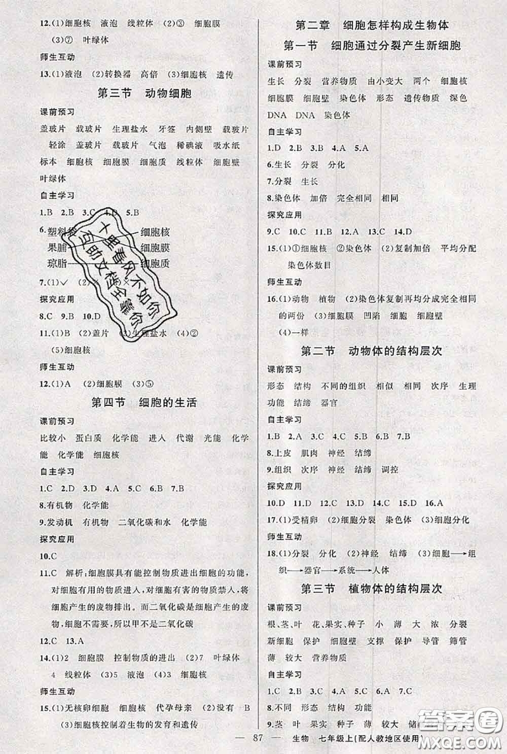 新疆青少年出版社2020秋原創(chuàng)新課堂七年級(jí)生物上冊(cè)人教版答案