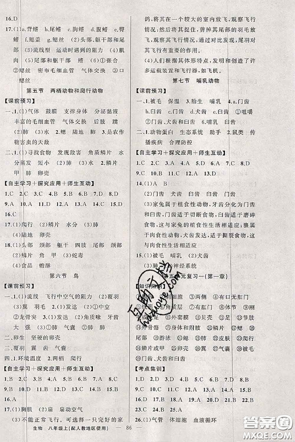 新疆青少年出版社2020秋原創(chuàng)新課堂八年級生物上冊人教版答案