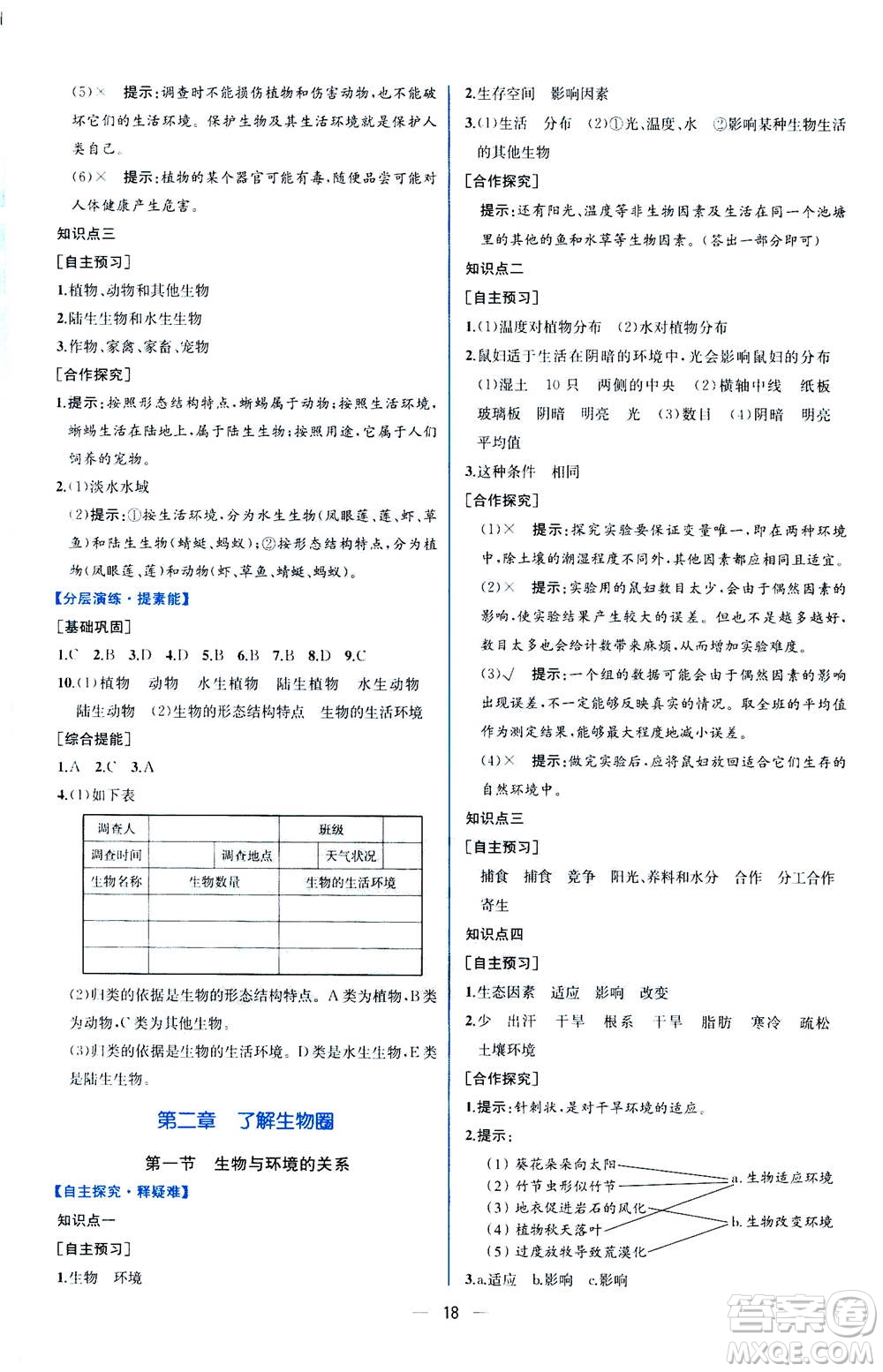 人民教育出版社2020年同步學(xué)歷案課時練生物學(xué)七年級上冊人教版答案