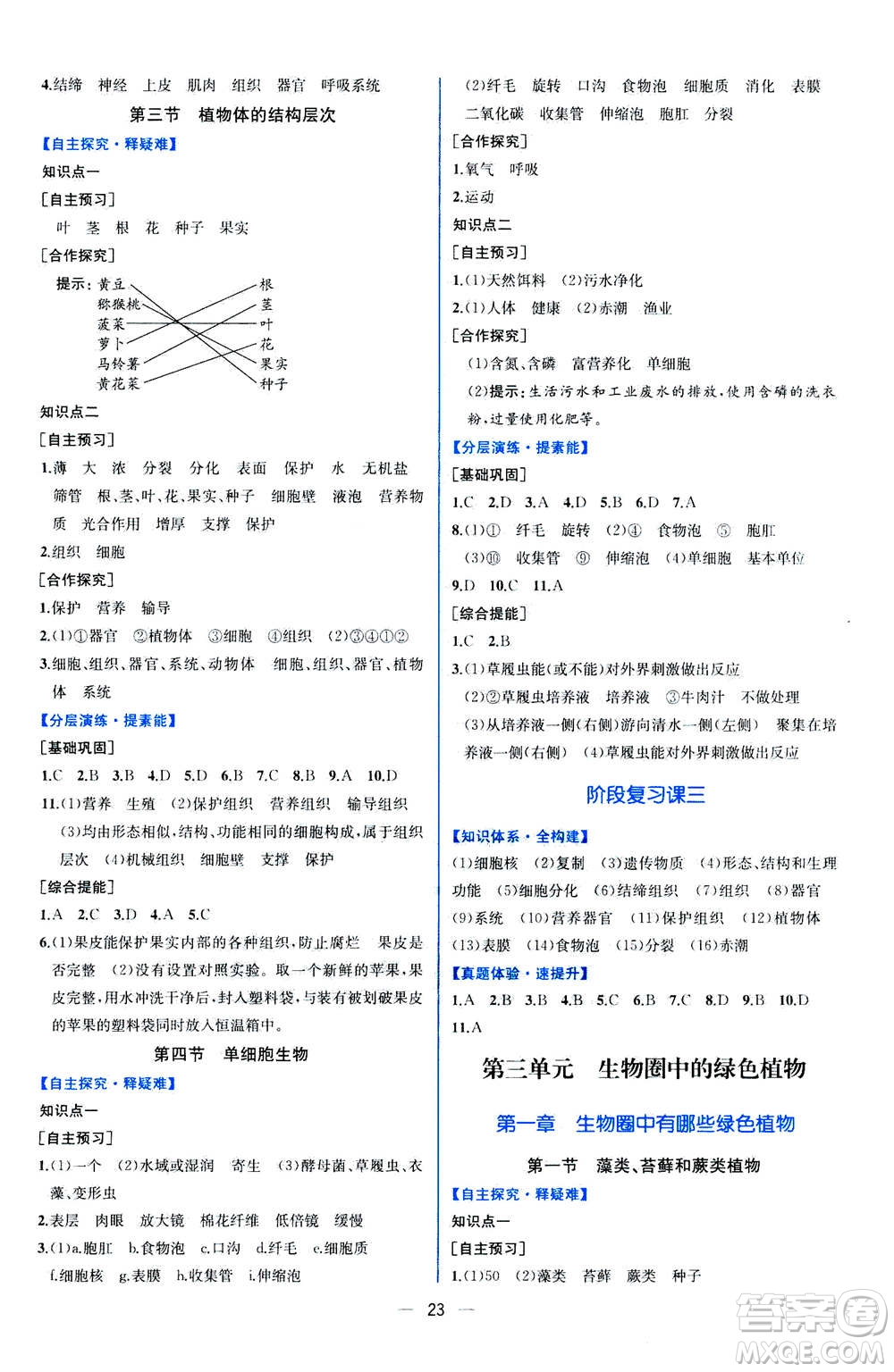 人民教育出版社2020年同步學(xué)歷案課時練生物學(xué)七年級上冊人教版答案