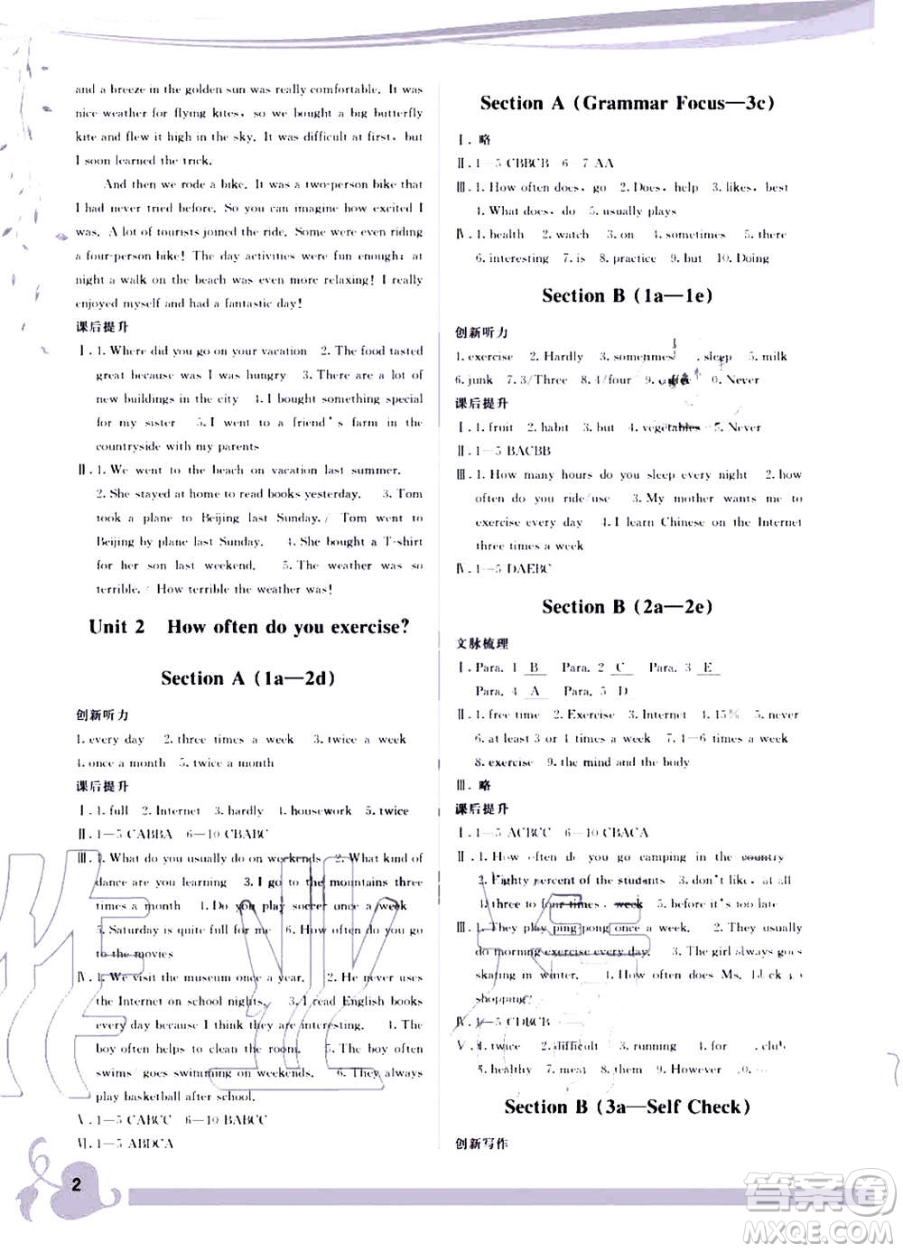 福建人民出版社2020年頂尖課課練英語(yǔ)八年級(jí)上冊(cè)人教版答案