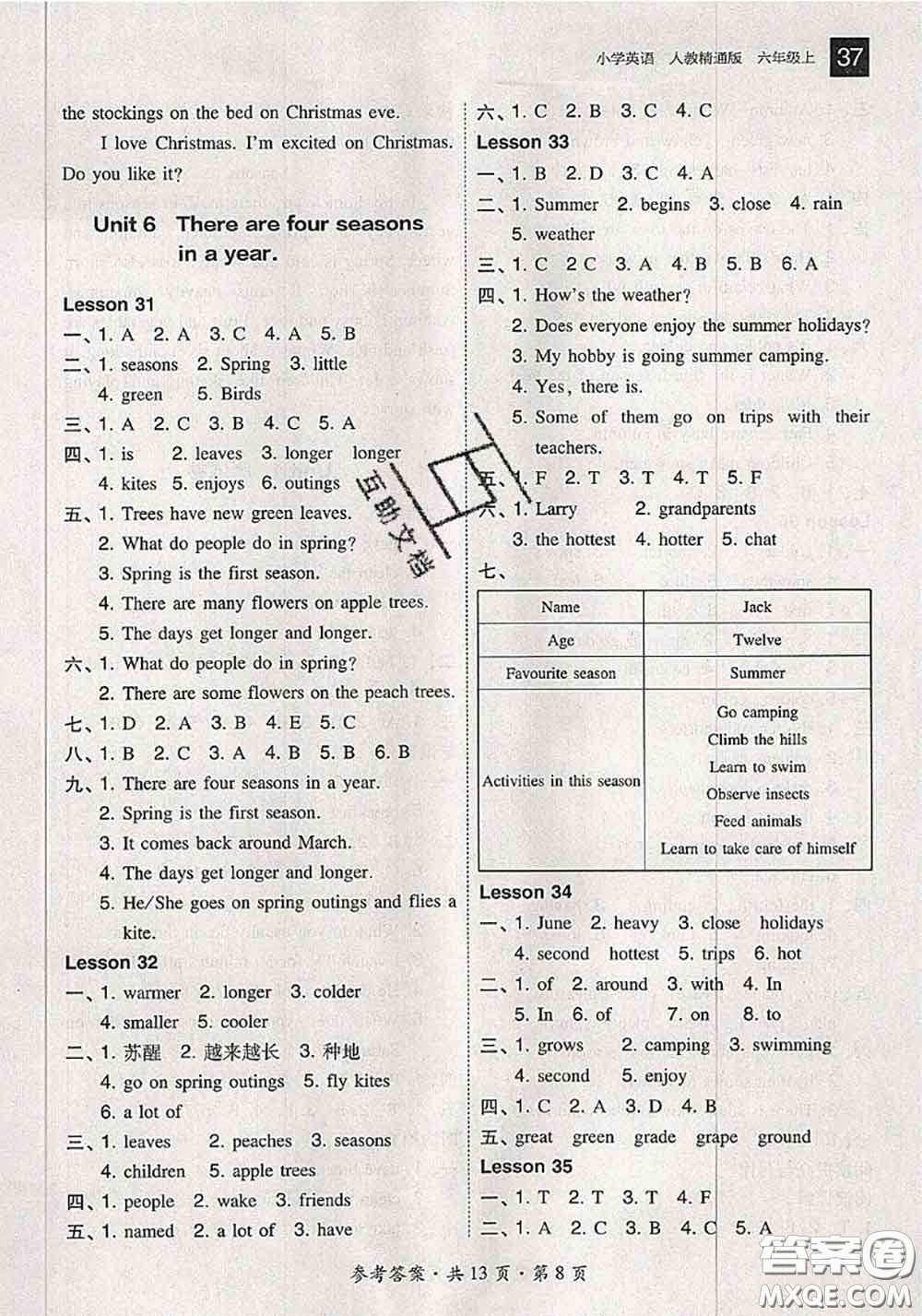 2020秋北大綠卡課時同步訓(xùn)練六年級英語上冊人教精通版參考答案