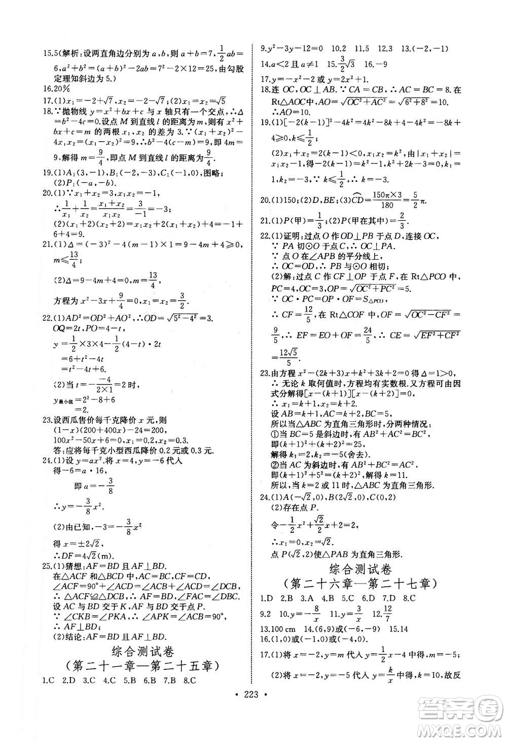2020年長江全能學(xué)案同步練習(xí)冊數(shù)學(xué)九年級全一冊人教版答案