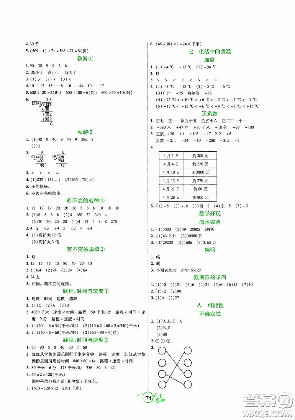 遼寧教育出版社2020好課堂堂練四年級(jí)數(shù)學(xué)上冊北師大版答案