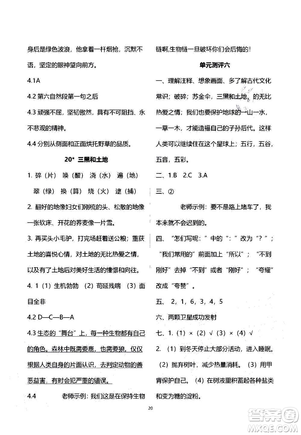 2020年人教金學典同步練習冊同步解析與測評語文六年級上冊人教版答案