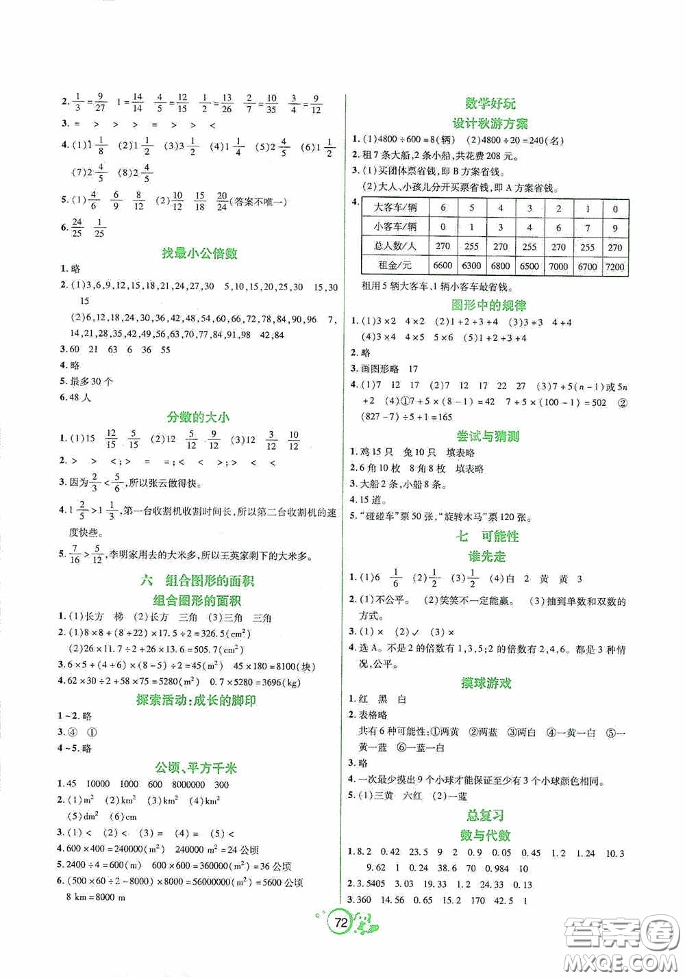 遼寧教育出版社2020好課堂堂練五年級數(shù)學(xué)上冊北師大版答案