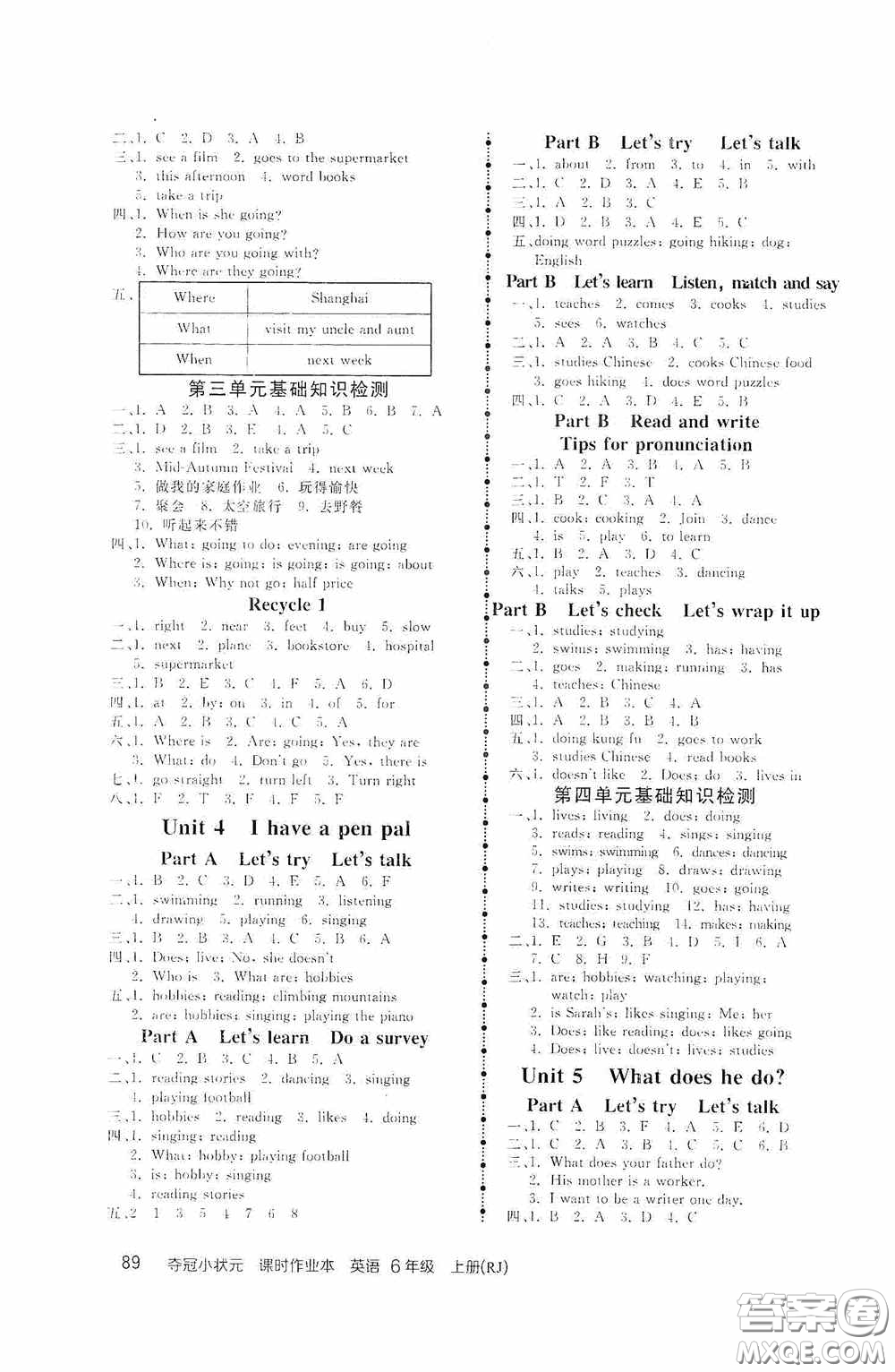 中國(guó)地圖出版社2020奪冠小狀元課時(shí)作業(yè)本六年級(jí)英語(yǔ)上冊(cè)人教版答案